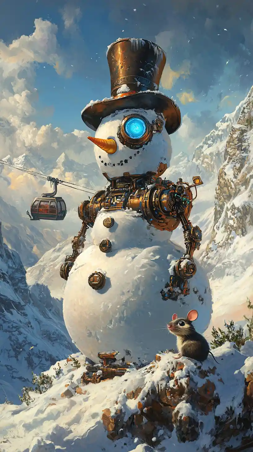 Bonhomme de neige robotique avec haut-de-forme au sommet d’une montagne enneigée