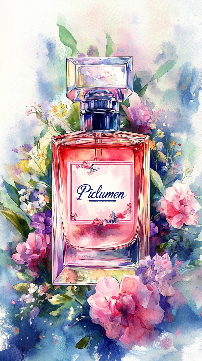 Aquarell-Illustration eines Parfümflakons mit zarten Blumenakzenten