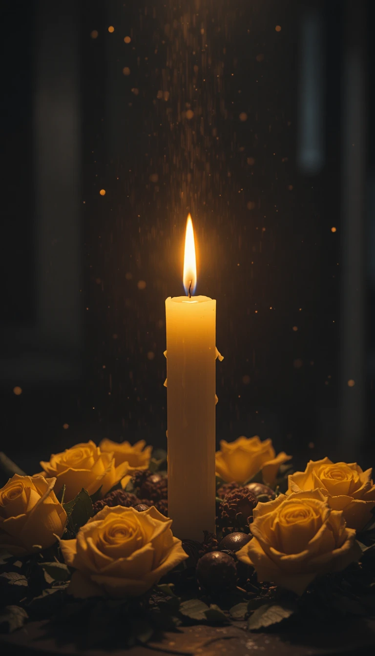 Einzelne leuchtende Kerze mit gelben Rosen in der Dunkelheit