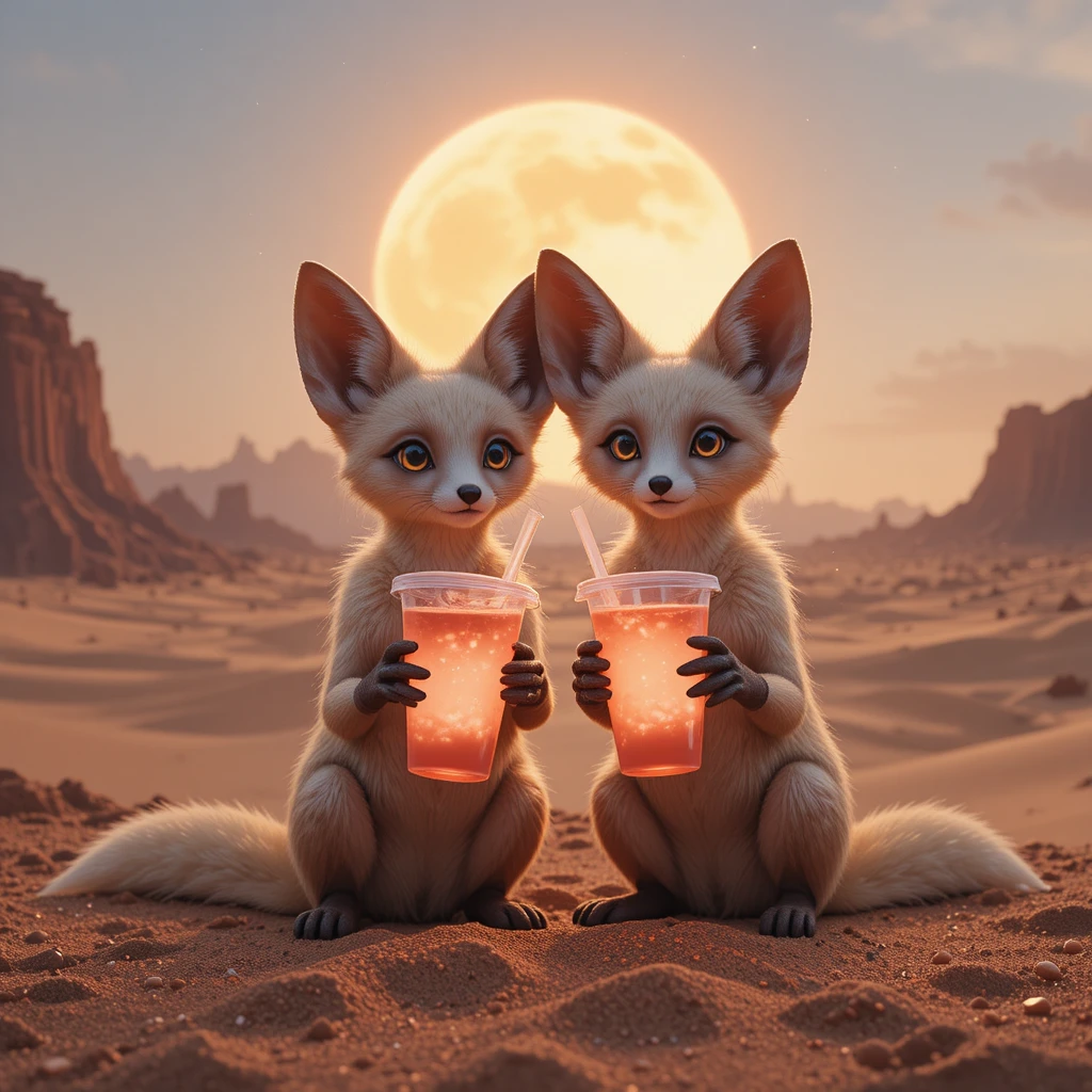 Raposas‑fennec fantásticas com drinks neon no deserto