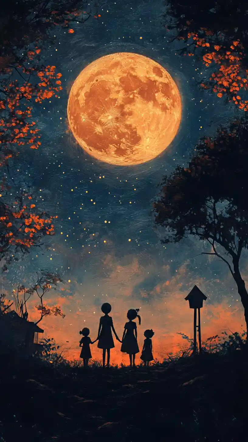 Famiglia in piedi insieme sotto un cielo notturno stellato e tranquillo