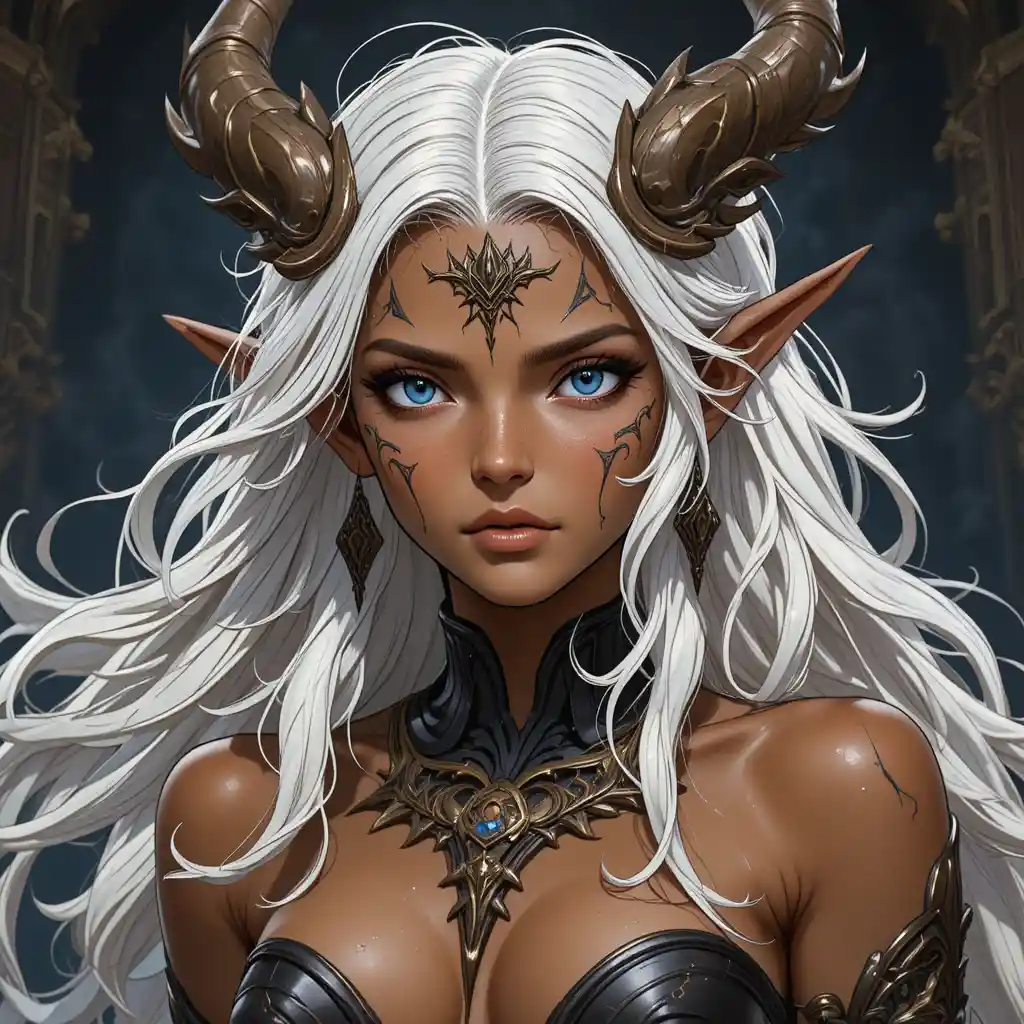 Mature fantasy goddess with tanned skin and violet eyes