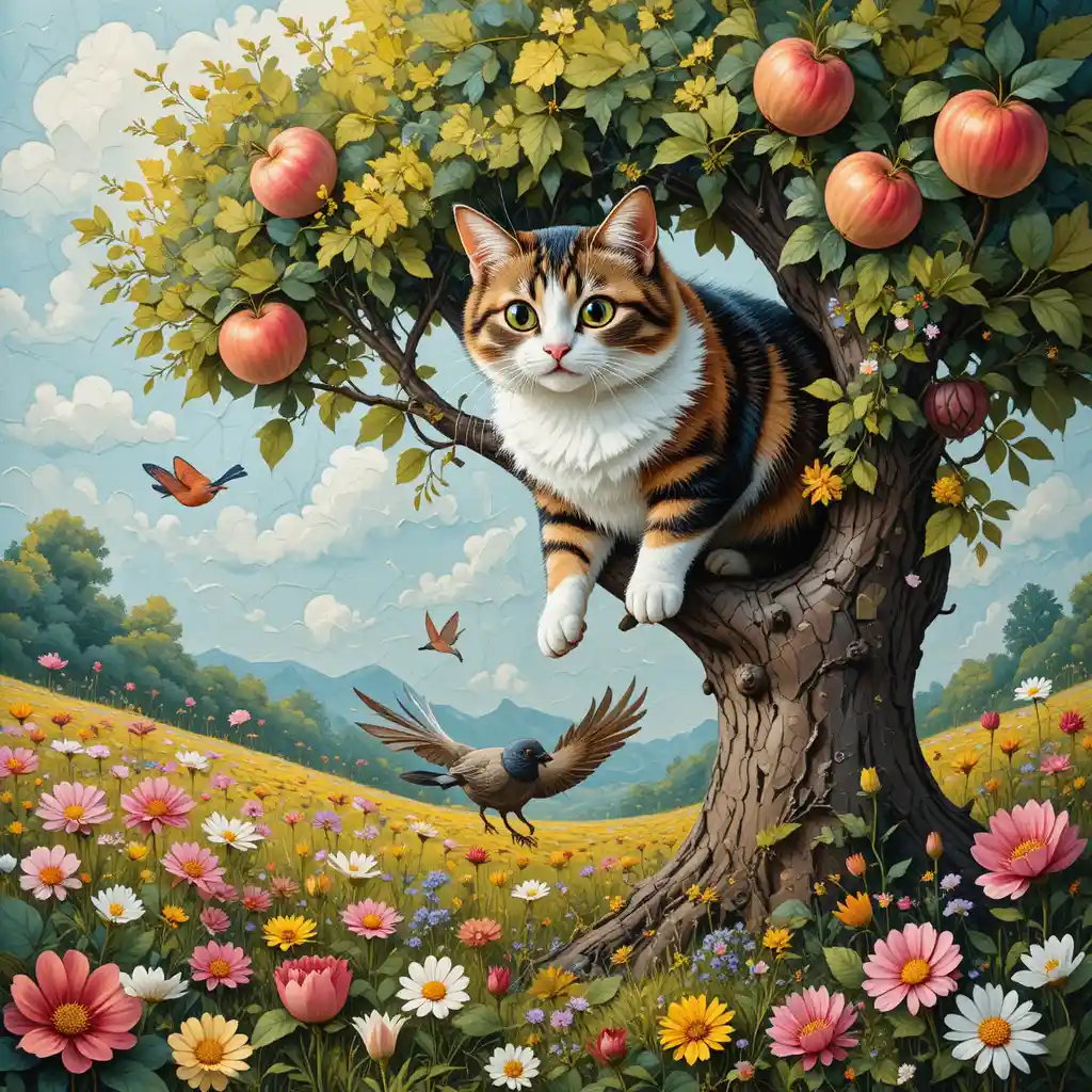 Cheerful calico cat in an impressionist patchwork apple tree
