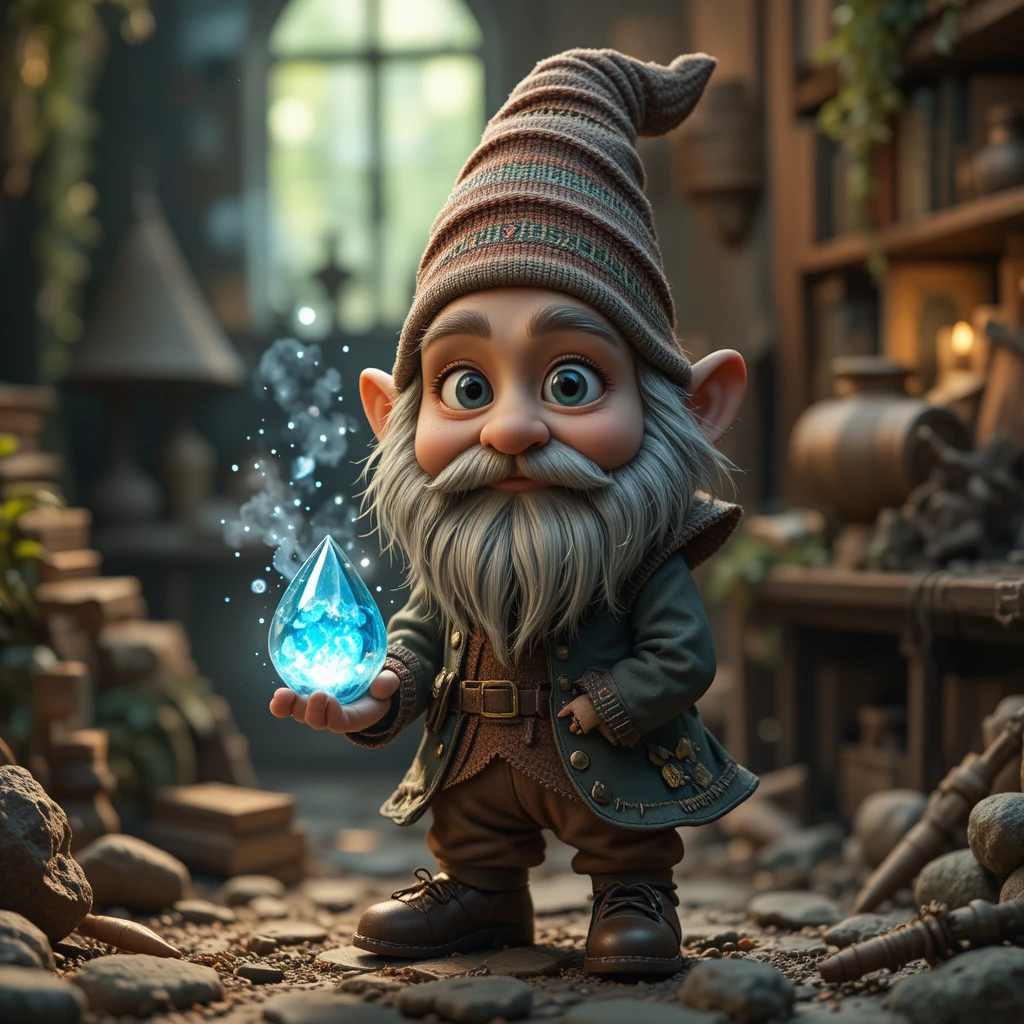Adorable gnome 3D tenant un cristal magique lumineux
