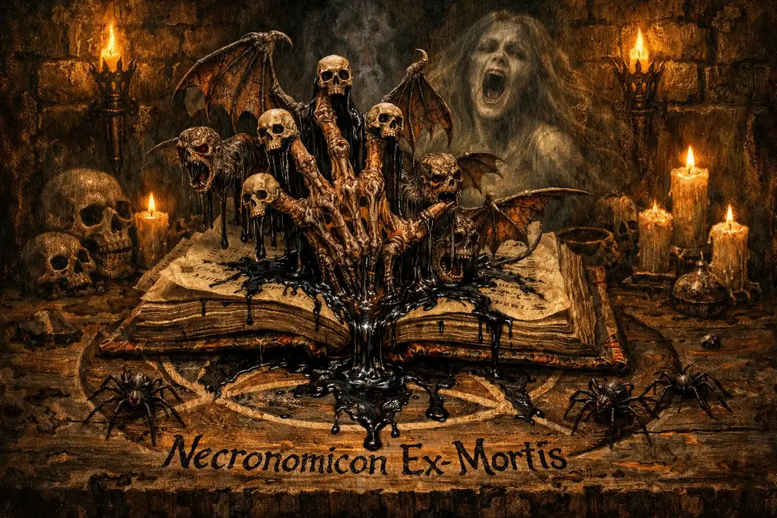 Mano demoniaca che emerge da un libro antico su tavolo con pentacolo