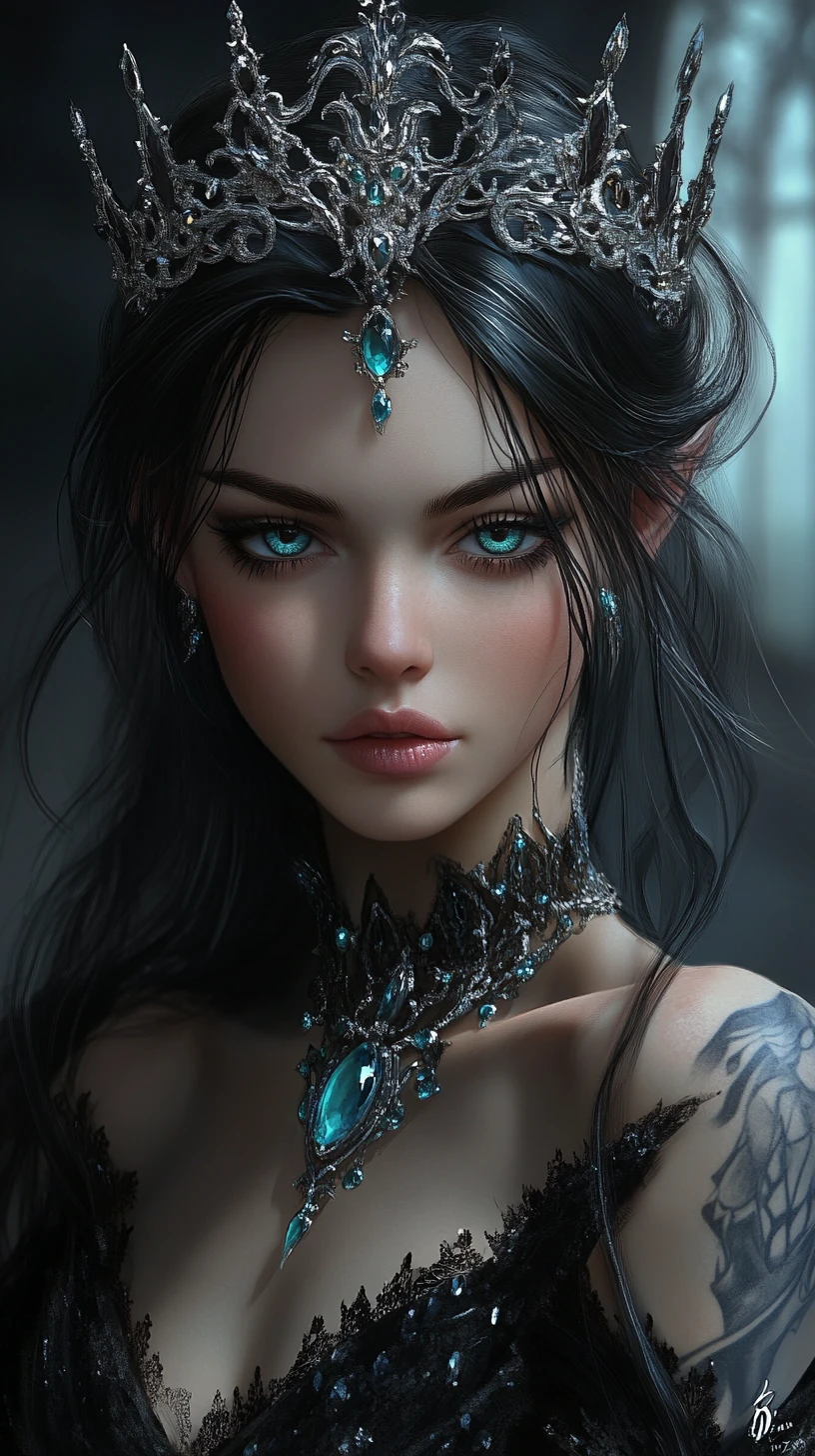 Reine sorcière des neiges aux cheveux noirs et aux yeux bleus perçants