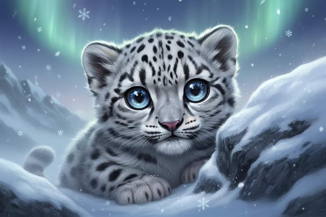 Adorable bébé léopard des neiges qui regarde derrière un rocher enneigé