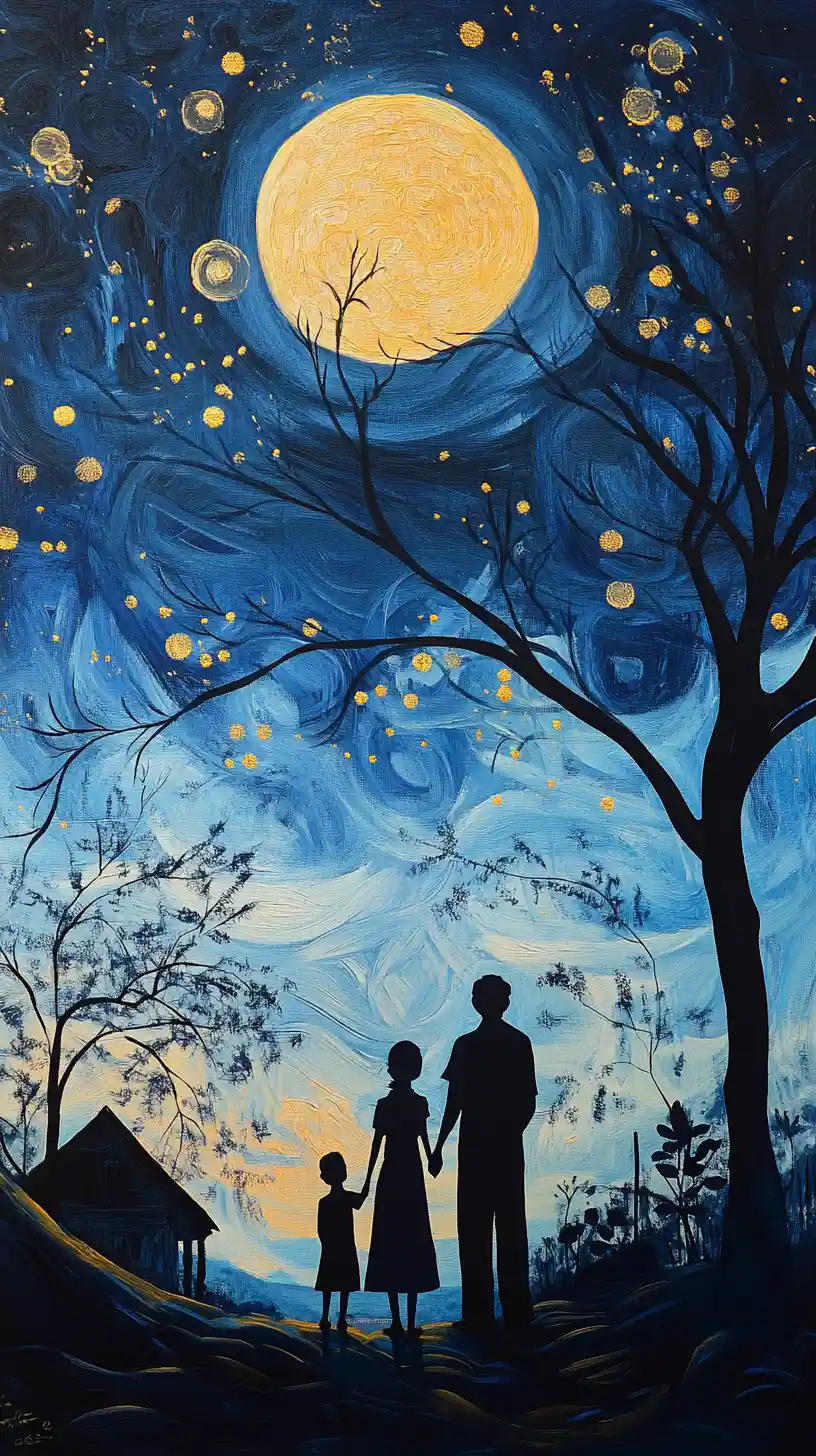 Famille debout ensemble sous un ciel nocturne paisible illuminé par la lune