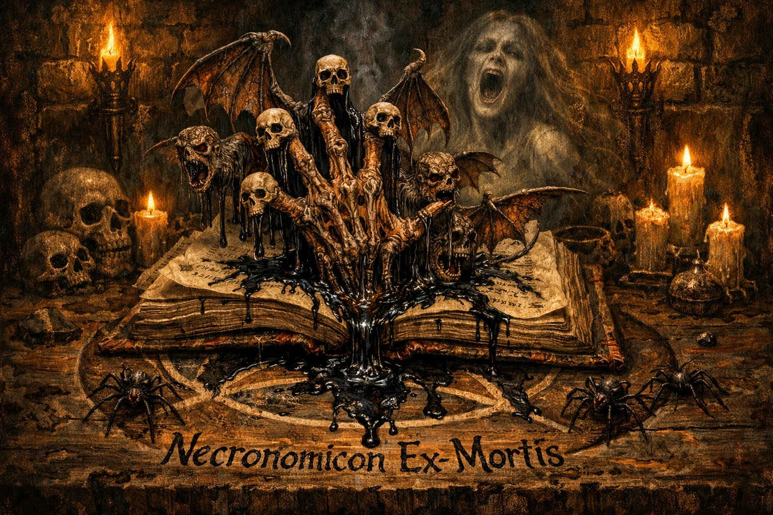 Mão demoníaca surgindo de livro antigo sobre mesa com pentagrama