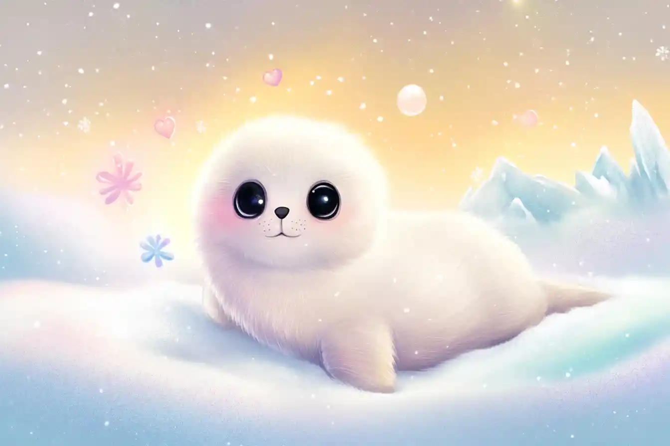 Ilustração de filhote fofo de foca‑harpa em colina de neve brilhante