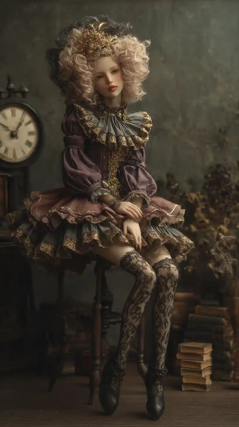 Porcelain doll in dim room with clocks and books