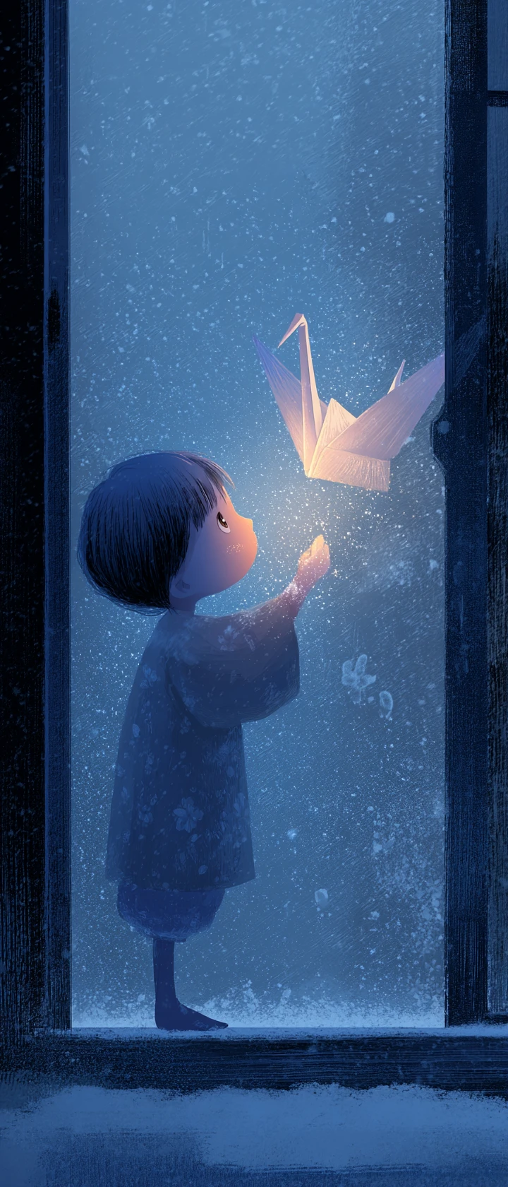 孩子在雪中的窗台上放上一隻發光的紙鶴