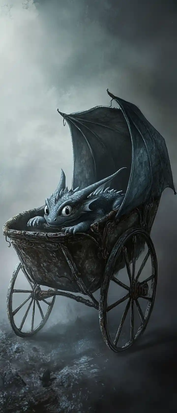 Baby-Drache in abgenutztem viktorianischem Kinderwagen im unheimlichen Mondnebel