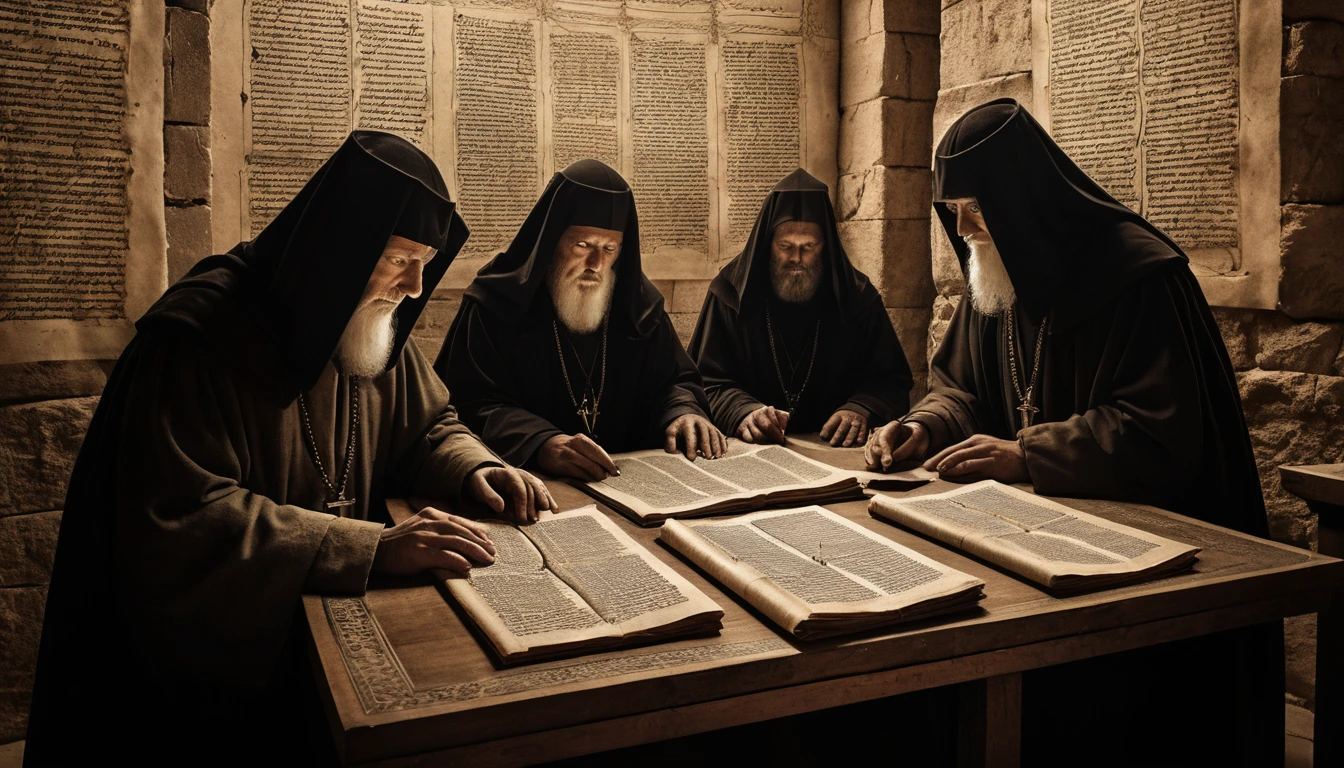 Bishops Gather In An Ancient Candlelit Chamber Around Scrolls