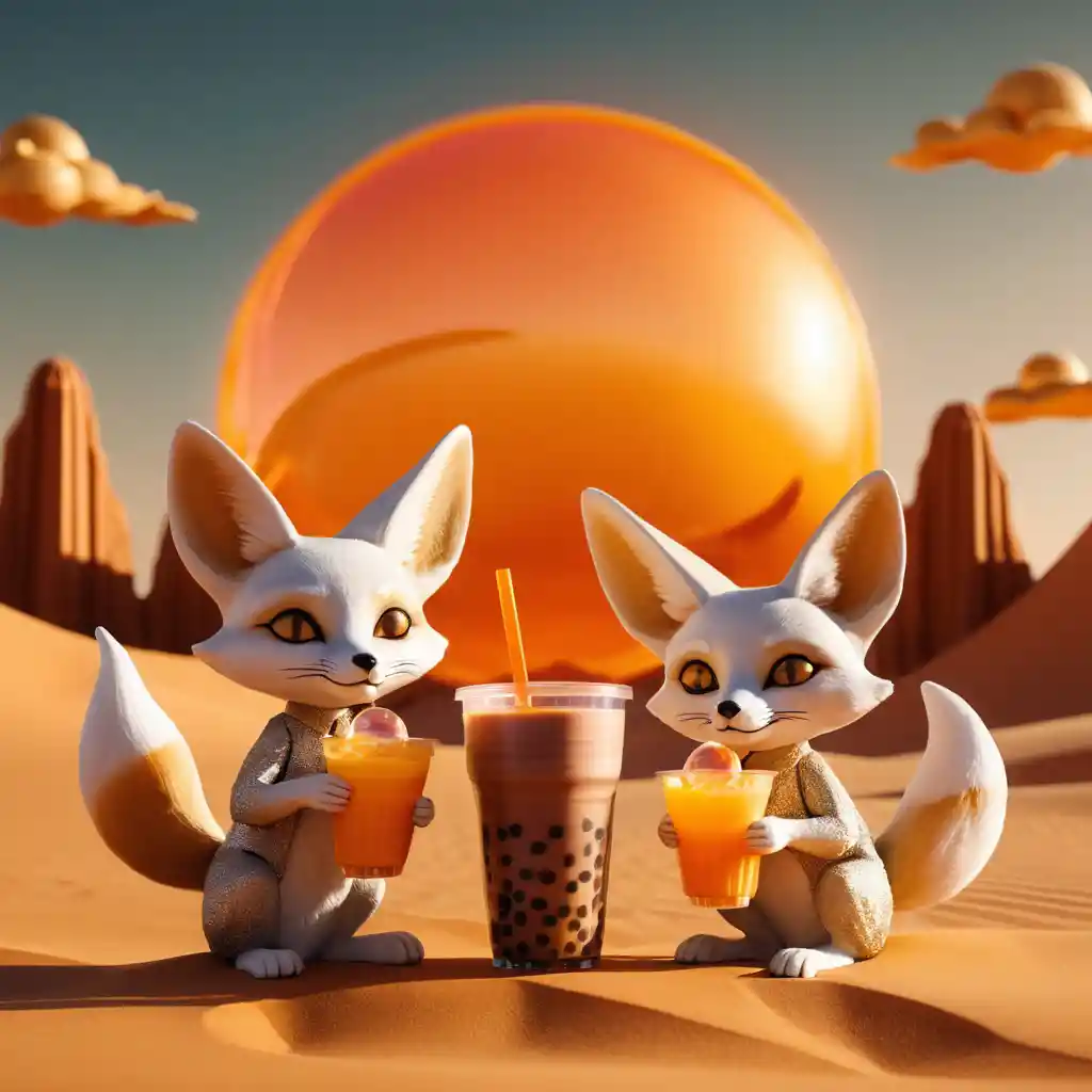 Raposas-do-deserto compartilhando bubble tea neon sob o sol do deserto