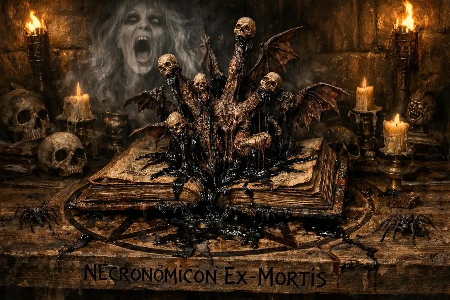 Necronomicon demoníaco liberando horrores sobre uma mesa com pentagrama