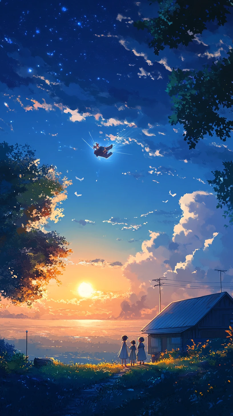 Familia de anime de pie unida bajo un cielo azul brillante