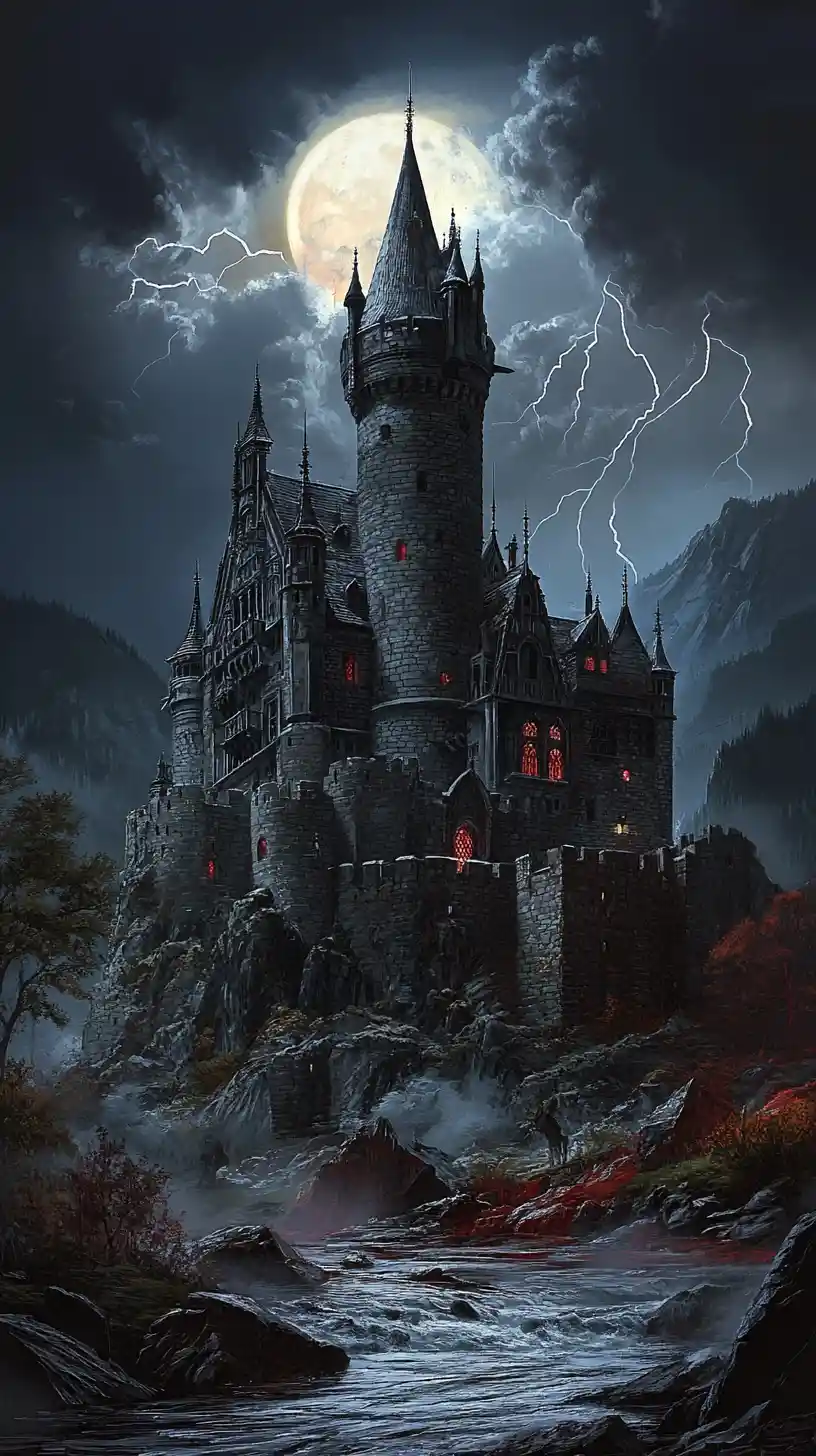 Castelo tempestuoso nos Cárpatos sob uma lua cheia brilhante