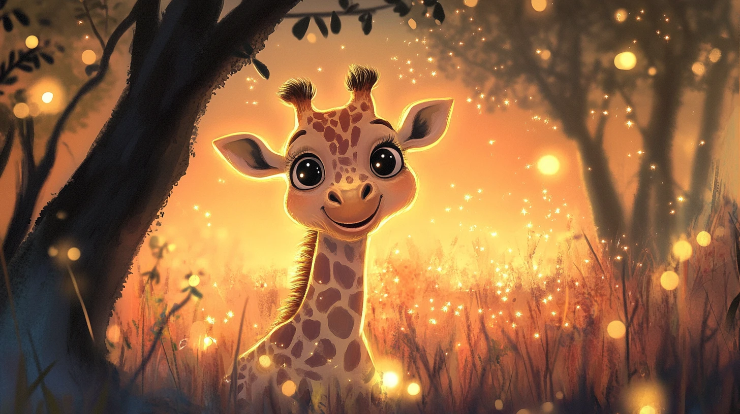 Adorável filhote de girafa atrás de acácia brilhante ao entardecer