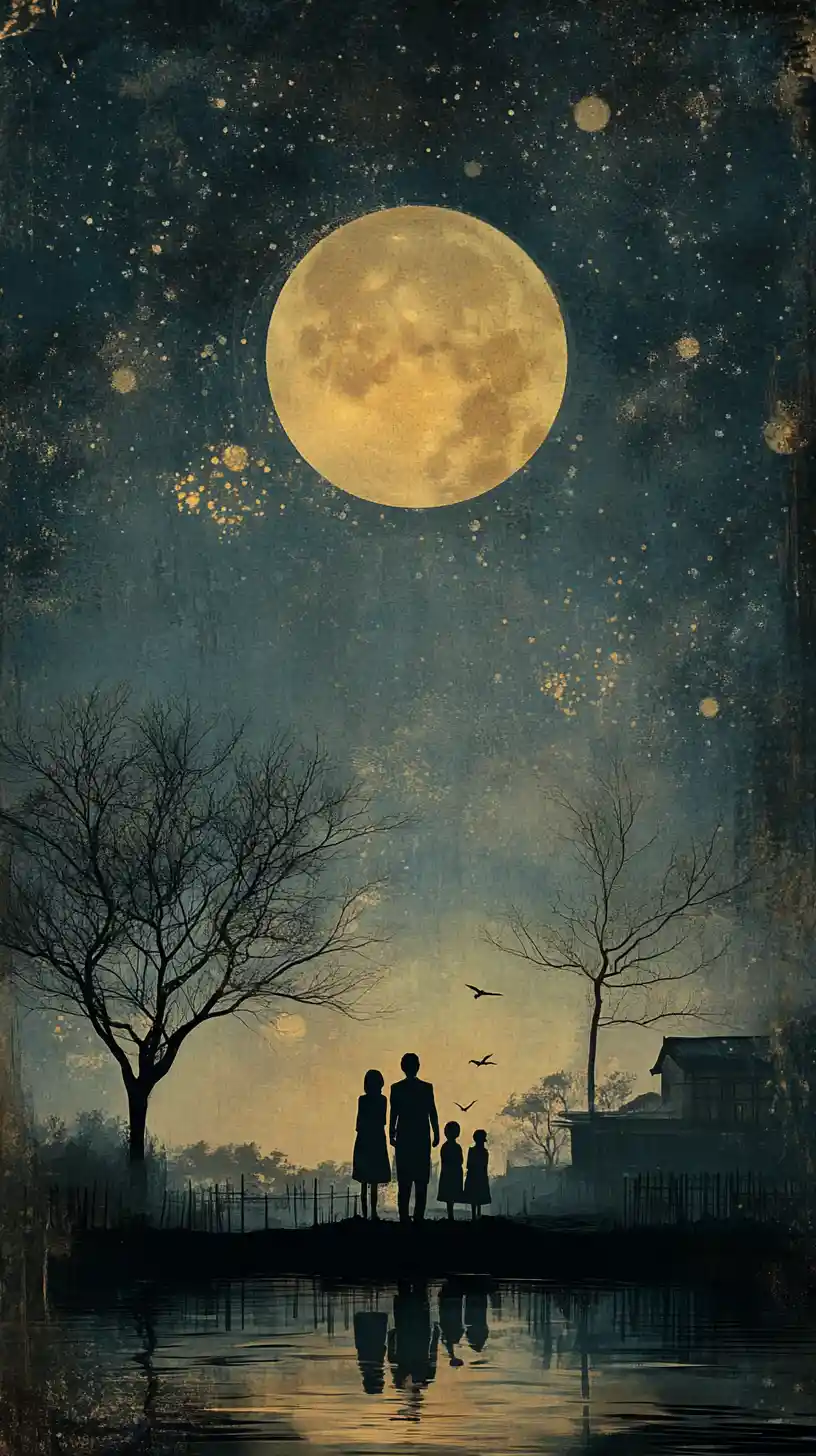 Famiglia in piedi insieme sotto un tranquillo cielo notturno stellato