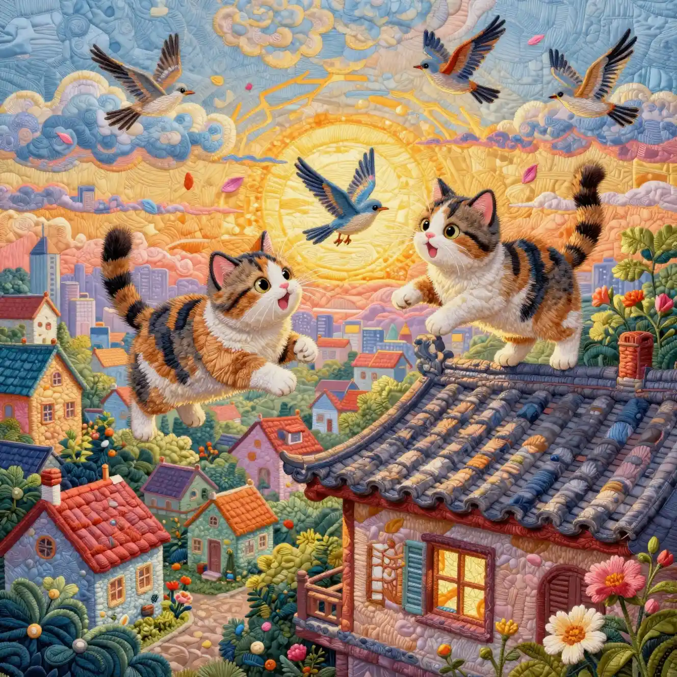Verspielte dreifarbige Katzen springen über bunte Dächer der Stadt