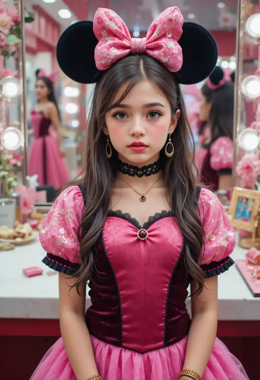 Tween-Junge im pinken Minnie-inspirierten Kleid an einer Boutique-Vanity