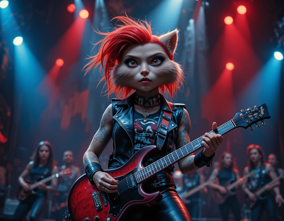Anthropomorphic otter guitarist on a dramatic rock stage