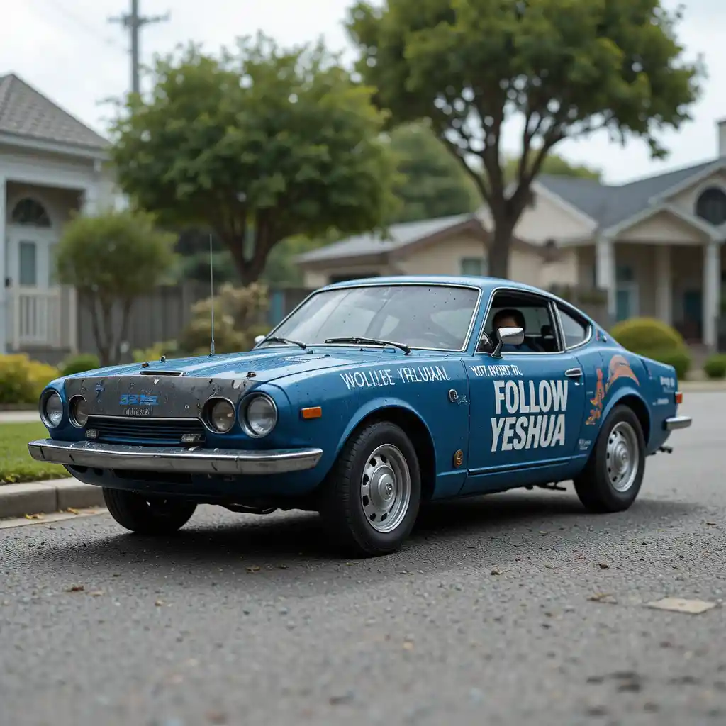 Carro esportivo azul em uma rua tranquila de bairro