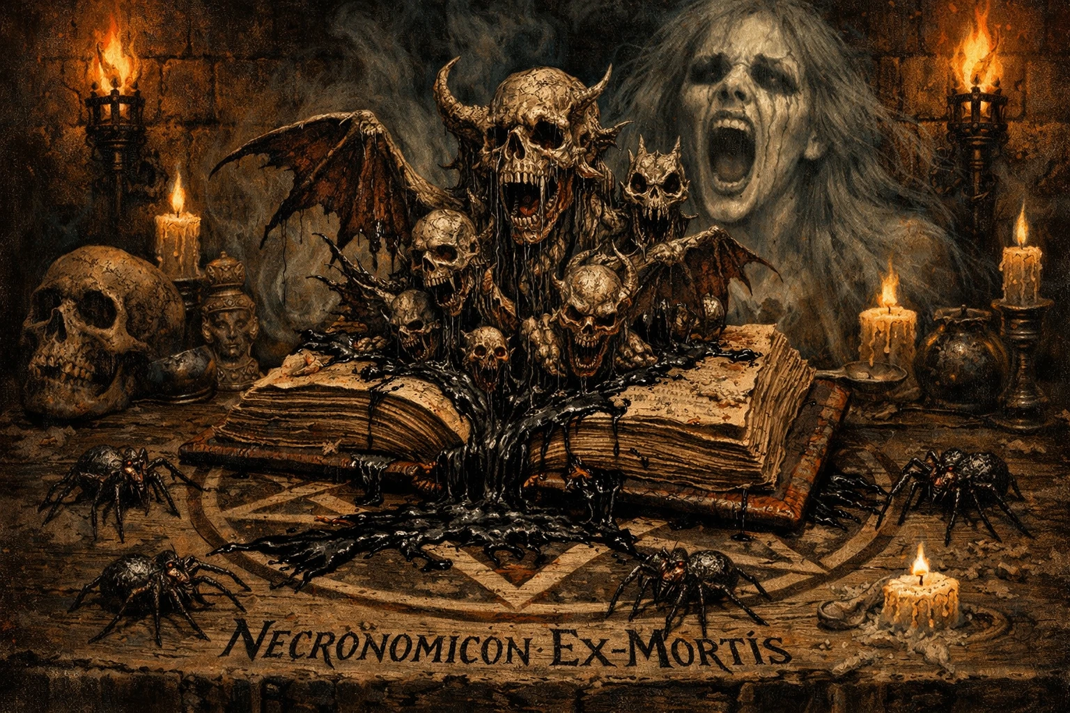 Cursed book on pentagram altar in a dark room