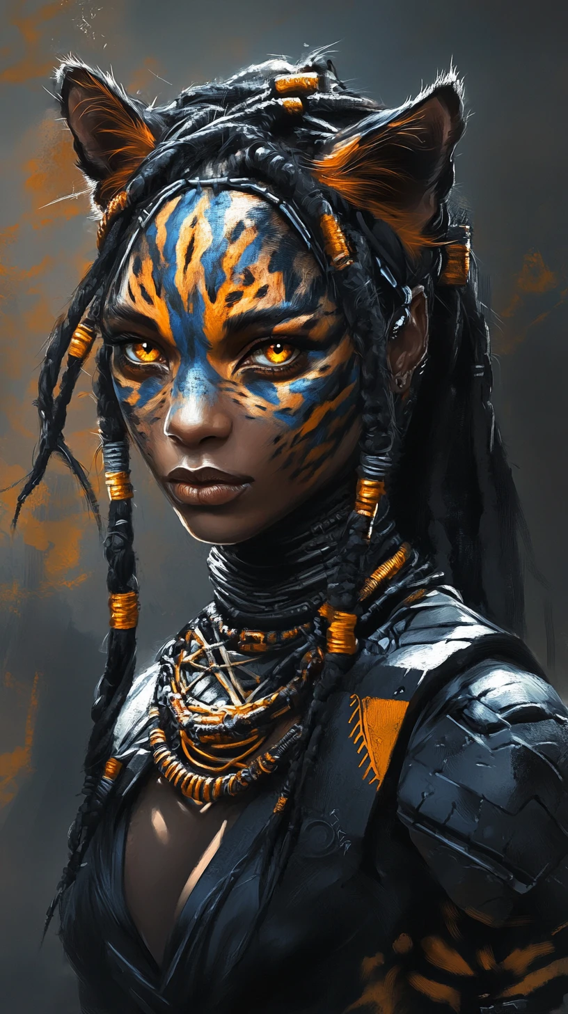 Sci‑Fi‑Kriegerin mit katzenhaftem Gesicht und leuchtend gelben Augen