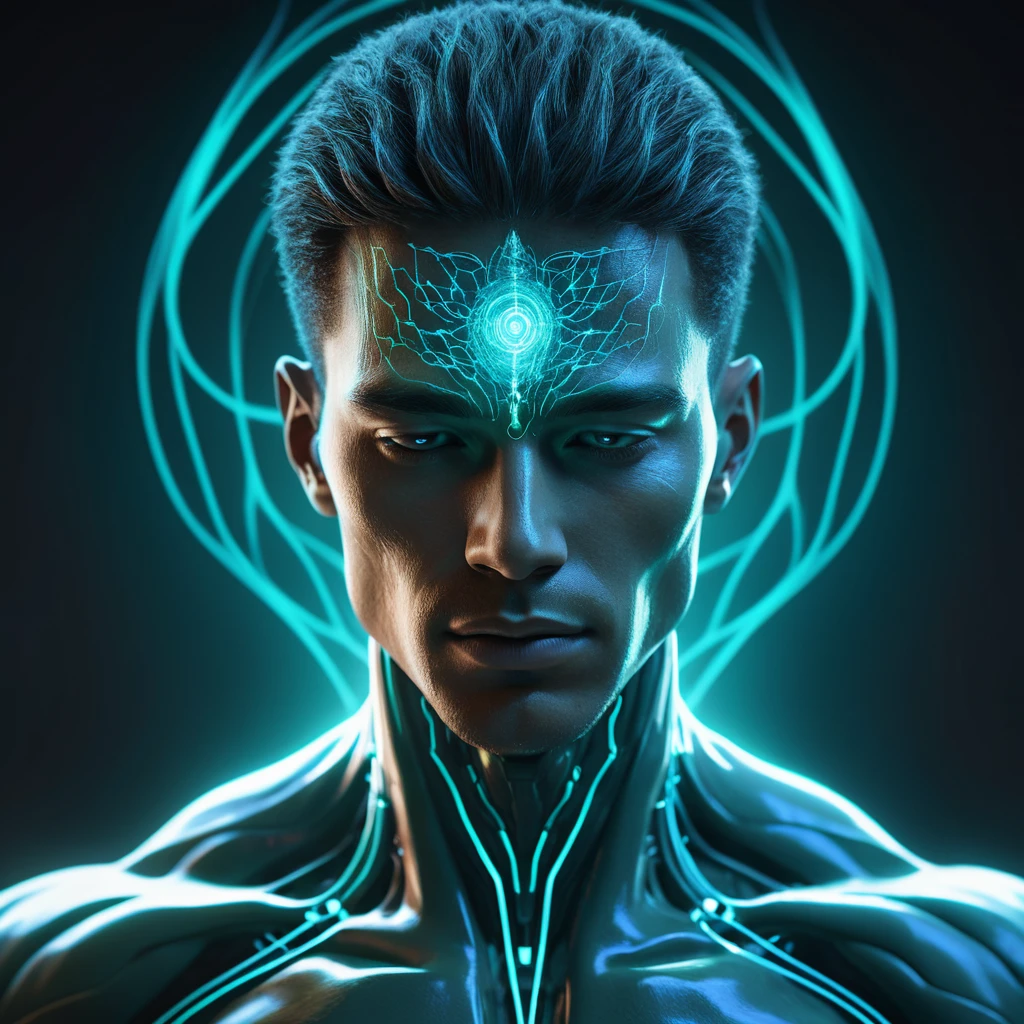 Retrato Masculino Futurista com Linhas de Energia Turquesa Brilhantes