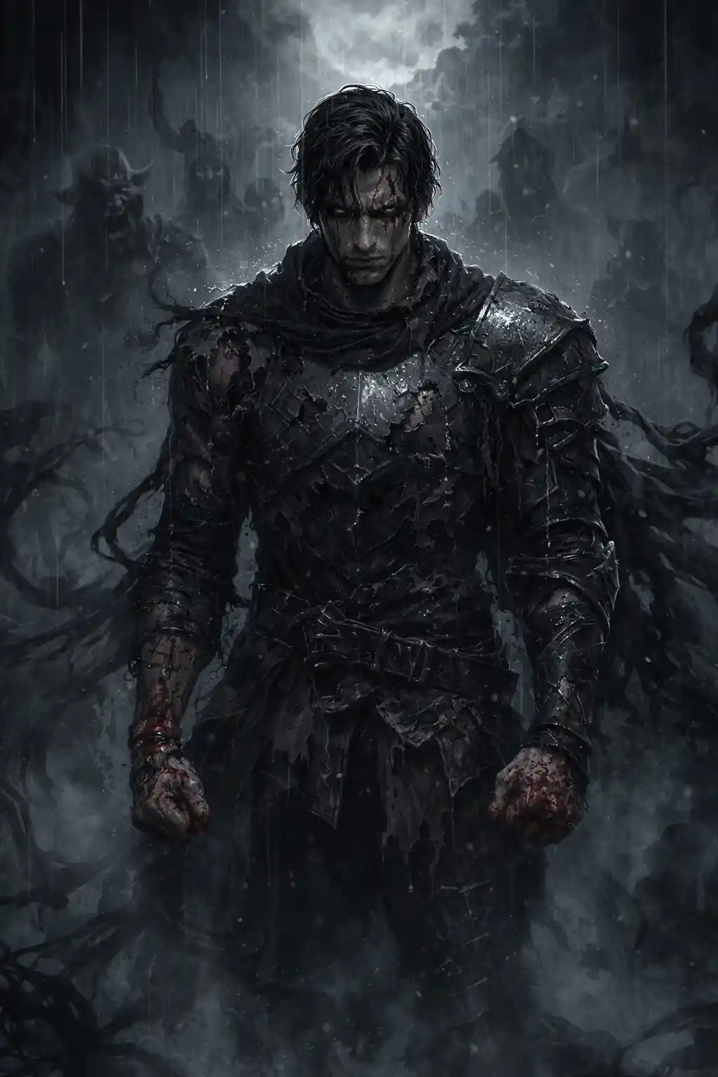 夜の雨の中にひとり立つ血に染まった戦士