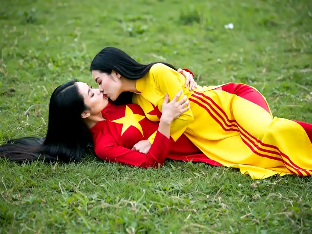 Due giovani ragazze vietnamite che si abbracciano su un prato verde