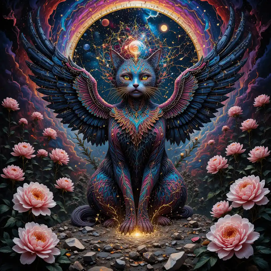 Psychedelic Winged Cat Guardian In Cosmic Nebula Portrait