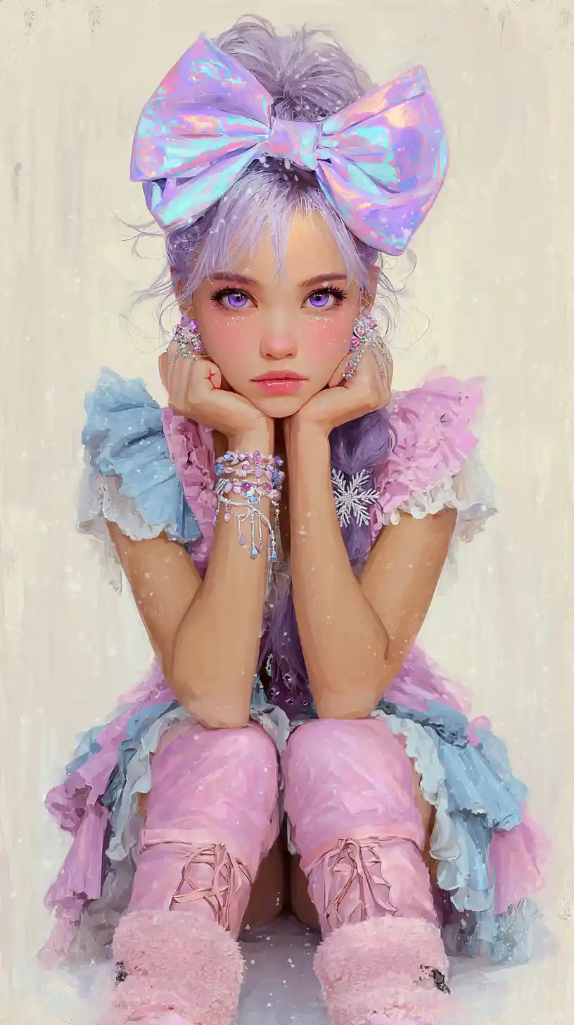 Anime-Mädchen mit lavendelfarbenem Haar im bunten Winterkleid