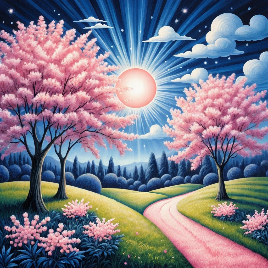 Surreal summer field with pink mimosa trees in blue tones