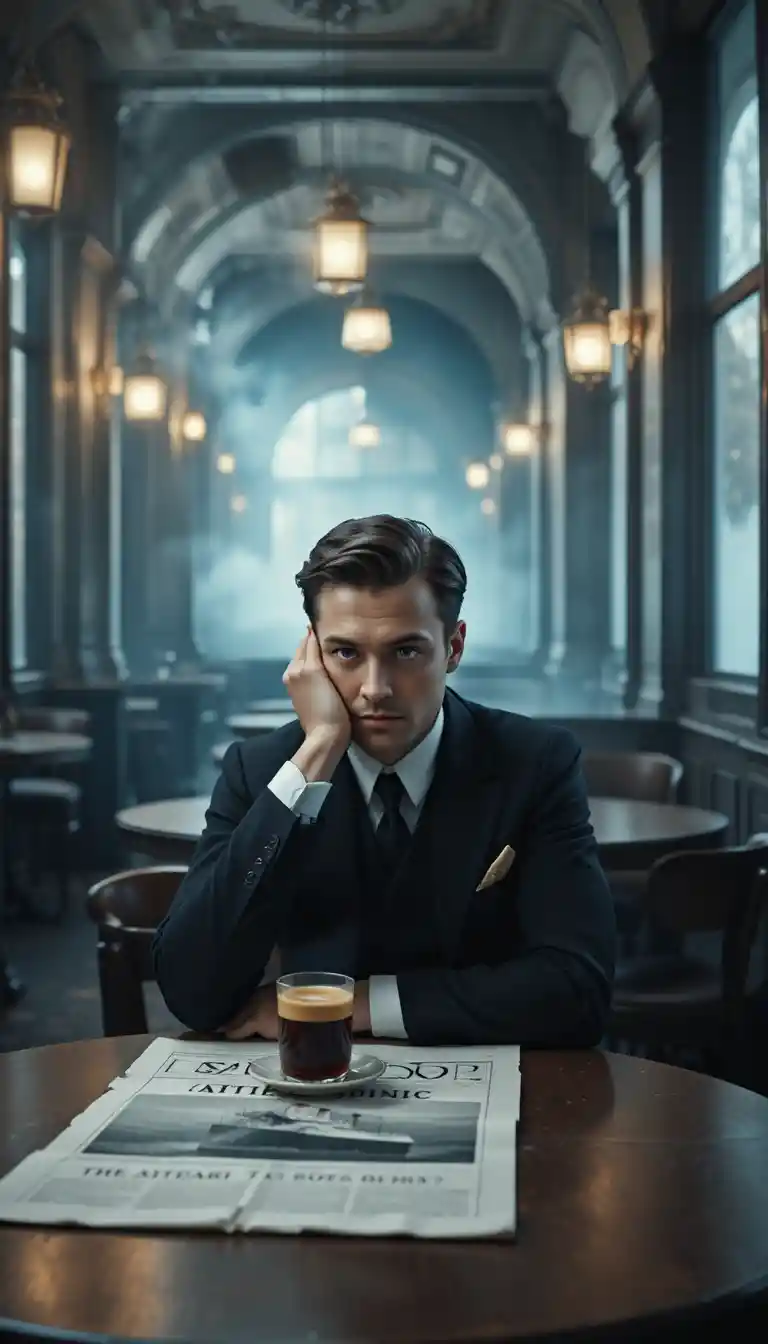 Thoughtful man in empty vintage french cafeteria