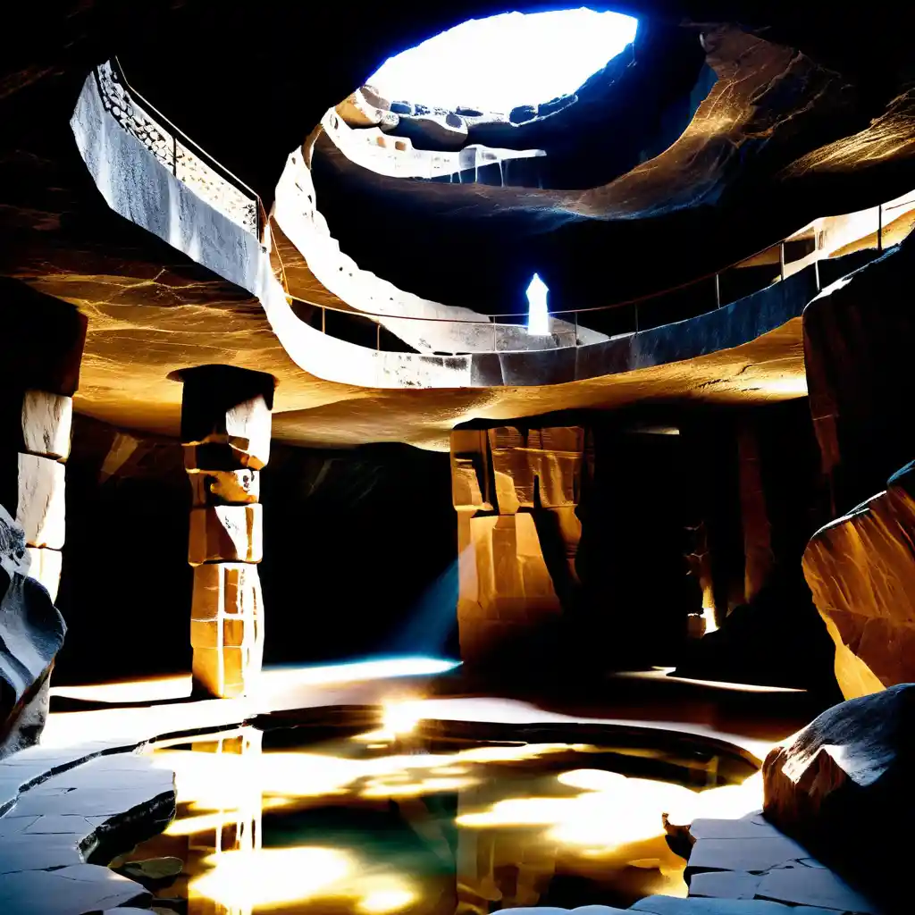 Cinematic stone corridor in a vast underground rock gallery