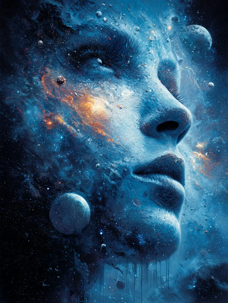 Visage cosmique surréaliste de femme formé de galaxies et de nébuleuses