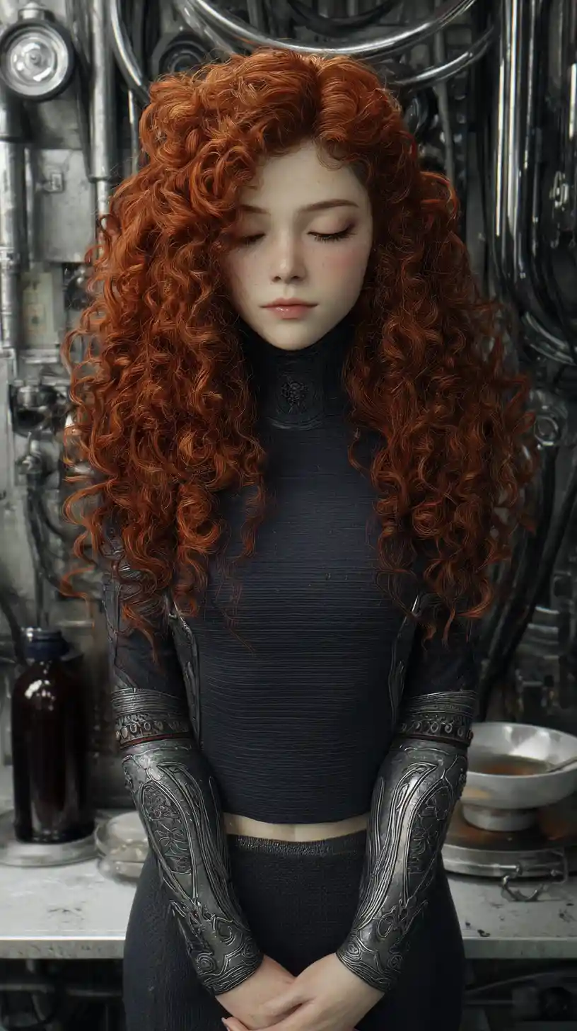 Red haired anime woman in a futuristic industrial room