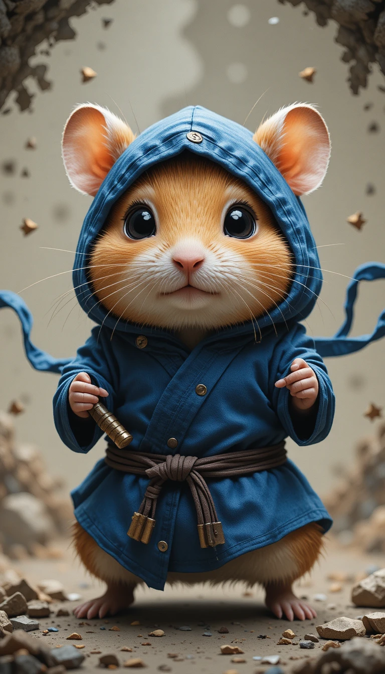 Dolce criceto ninja in costume blu in uno spazio deformato