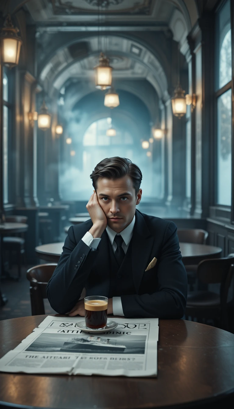 Thoughtful man in empty vintage french cafeteria