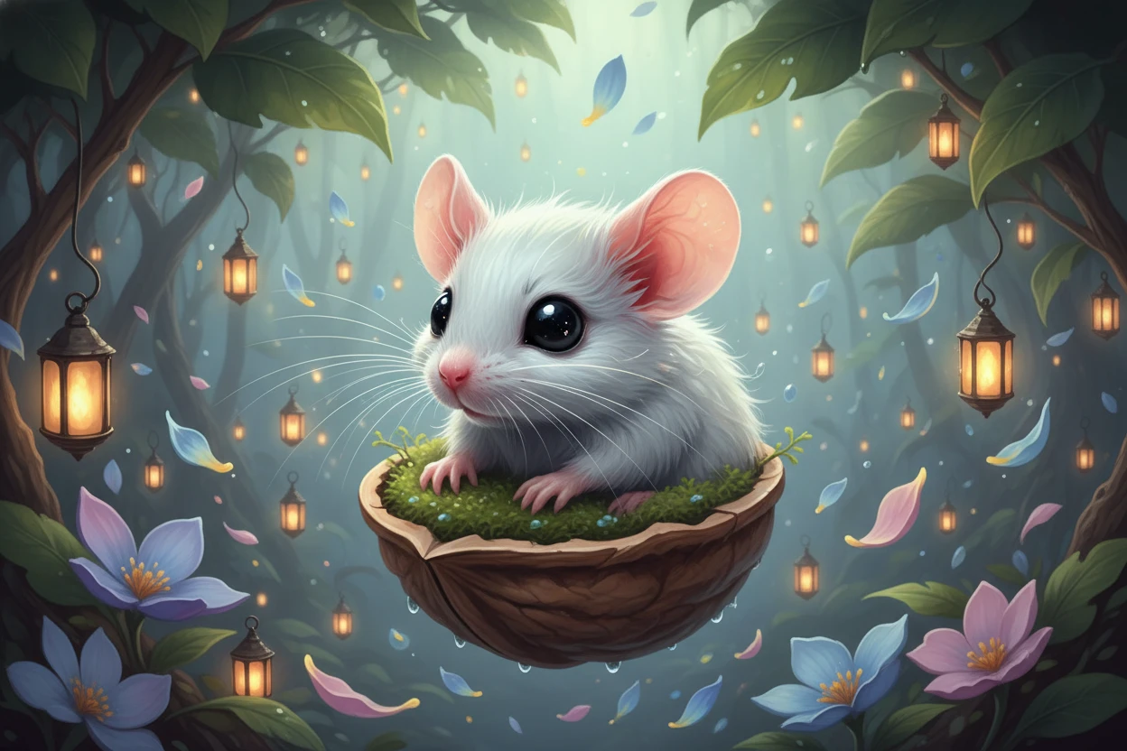 Pequeno rato branco filhote em uma casca de noz ao luar