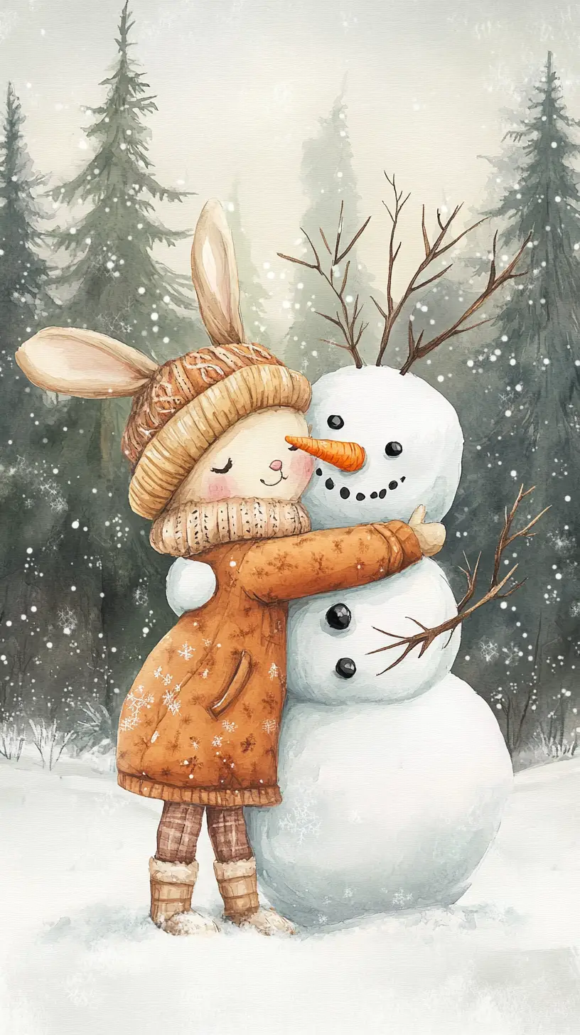 雪林中擁抱雪人的水彩兔子