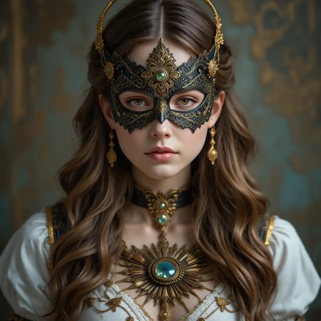Femme fantastique masquée en portrait de filigrane d’or ornementé