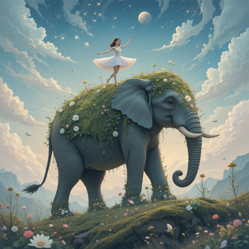 Bailarina dançando em um elefante gigante no céu de fantasia