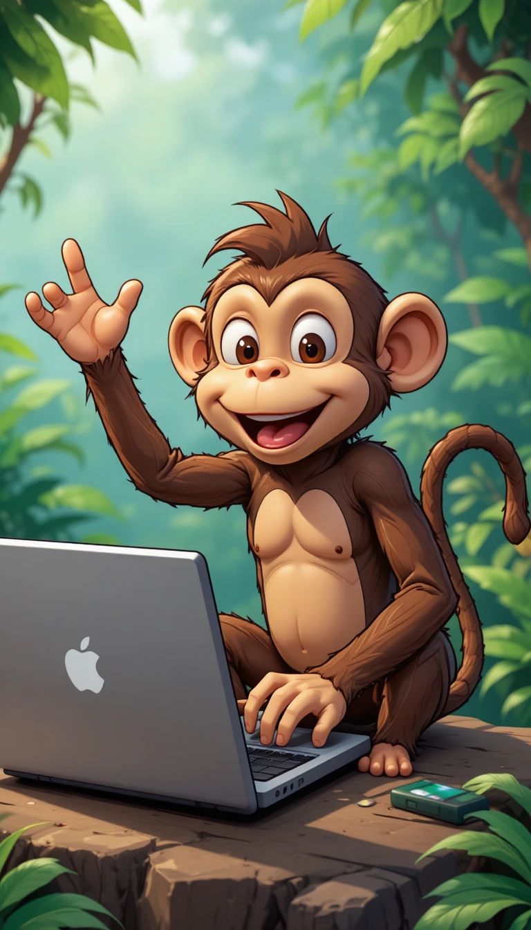 Cartoon-Affe als Vlogger mit Laptop vor der Kamera