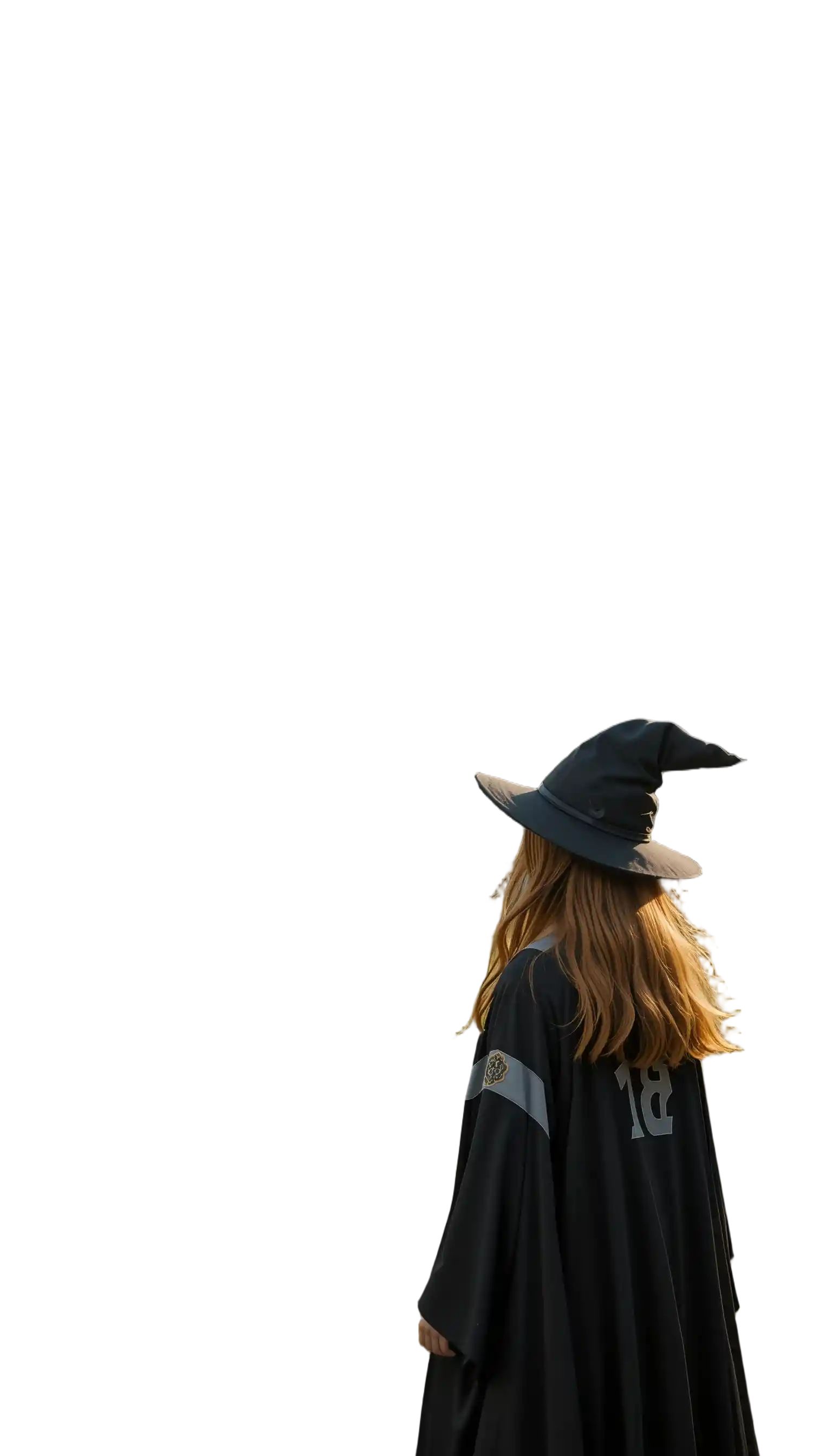 Junge Hexe auf einem Quidditch-Feld im goldenen Morgenlicht
