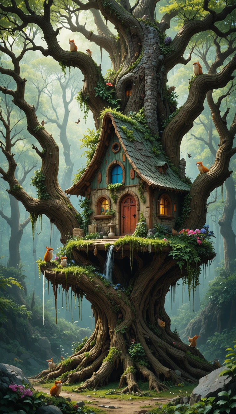 柳樹上的奇幻樹屋與森林動物