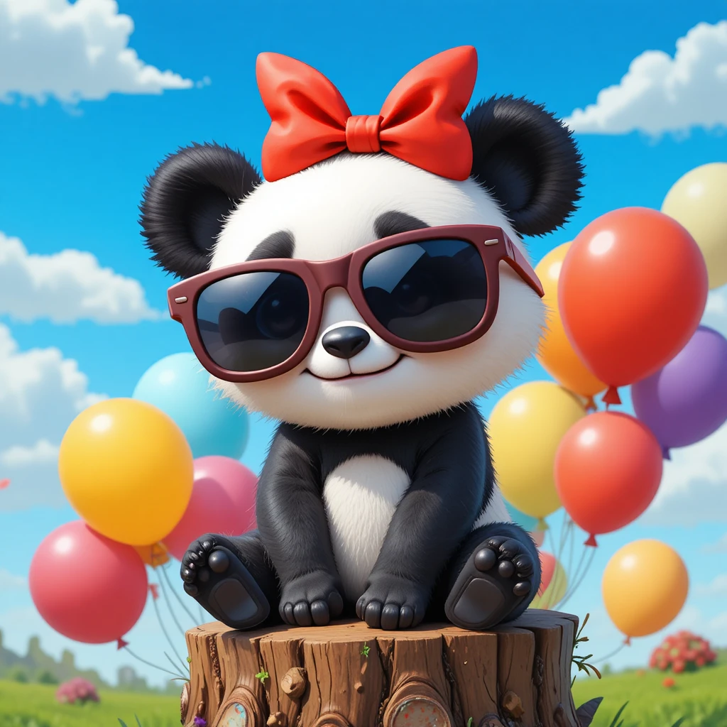 Panda Cartoon Allegro con Palloncini sotto un Cielo Blu Brillante